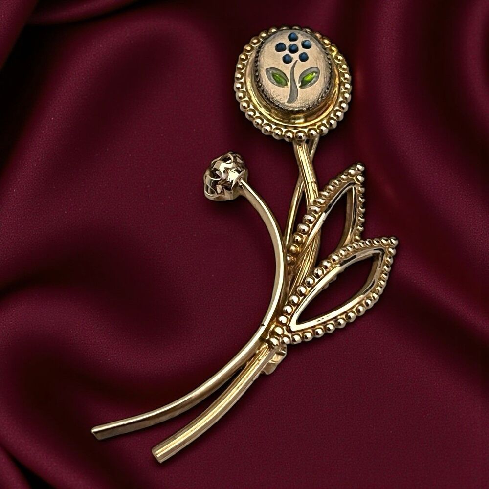 Vintage 1940s AMCO Floral Brooch Enamel Flower 14K Gold Overlay Pin - 7S